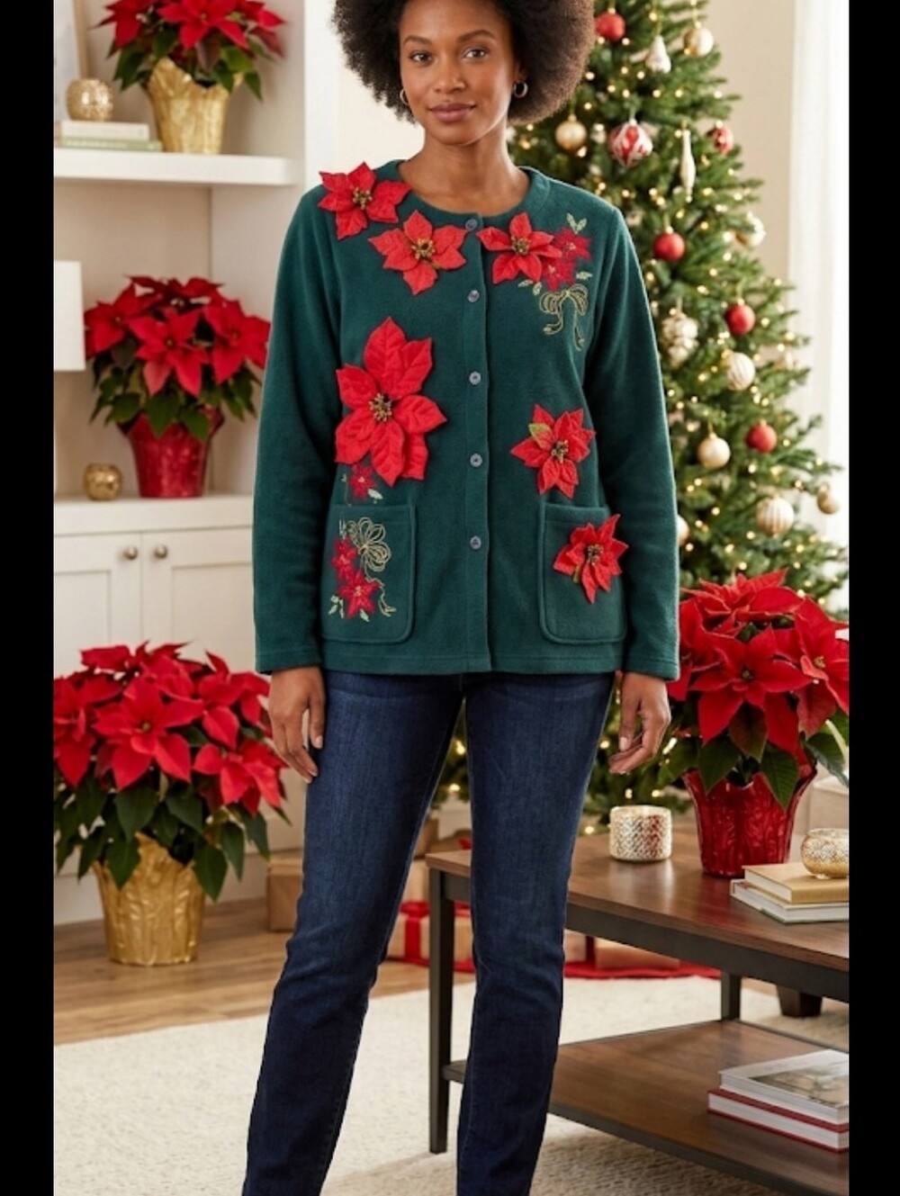 Christmas Cardigan XL Green Fleece Poinsettias Holiday Party